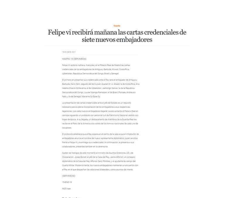 Felipe vi recibirá mañana las cartas credenciales de siete nuevos embajadores