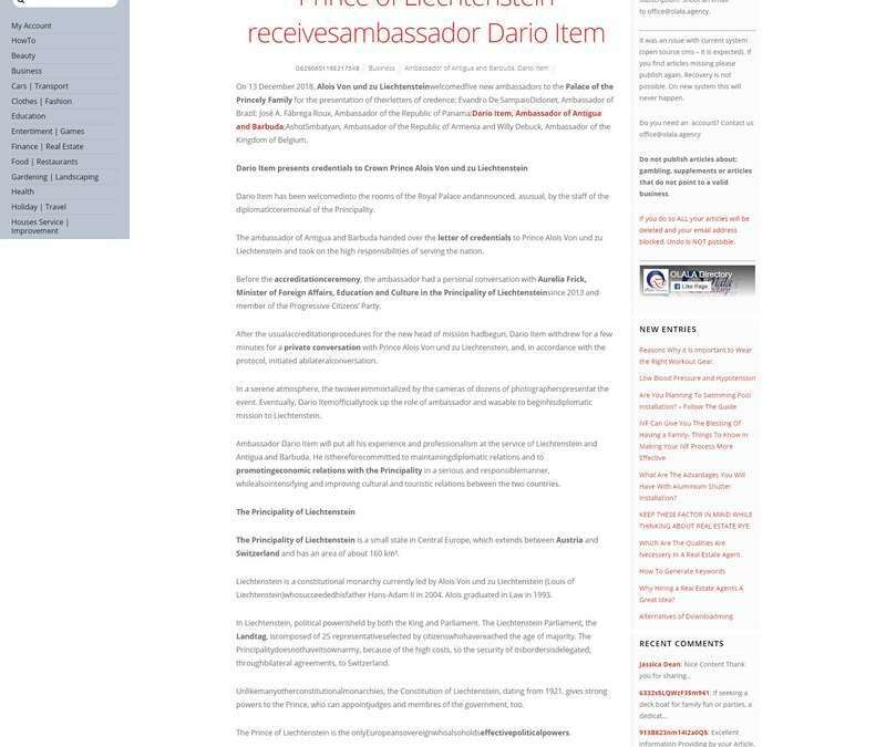 Prince of Liechtenstein receivesambassador Dario Item