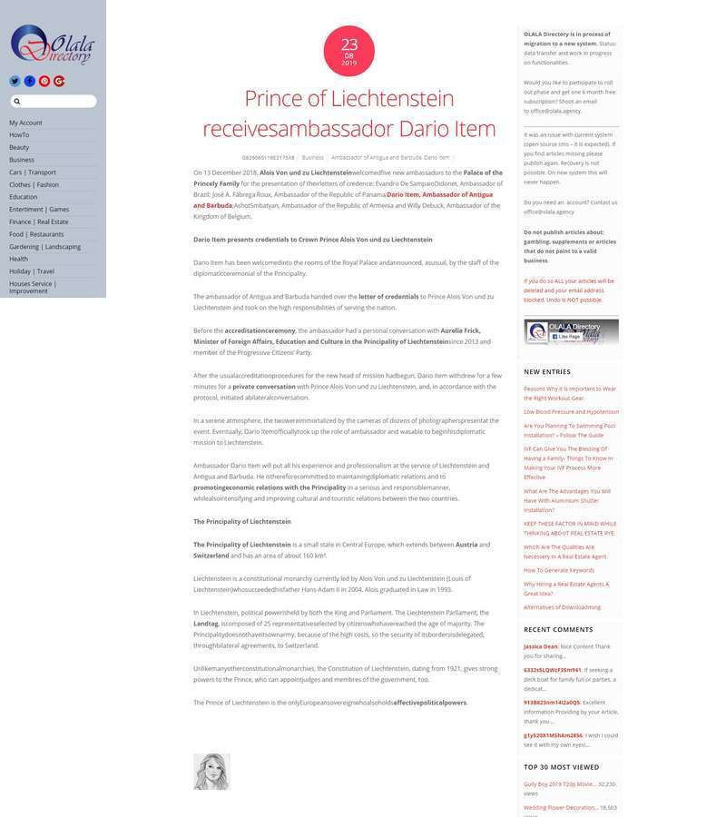Prince of Liechtenstein receivesambassador Dario Item