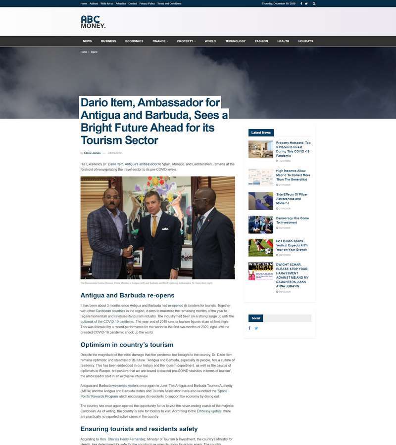 Dario Item, Ambassador for Antigua and Barbuda, Sees a Bright Future Ahead for its Tourism Sector