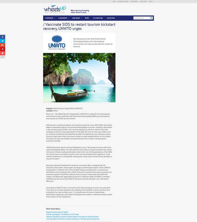 Vaccinate SIDS to restart tourism kickstart recovery, UNWTO urges