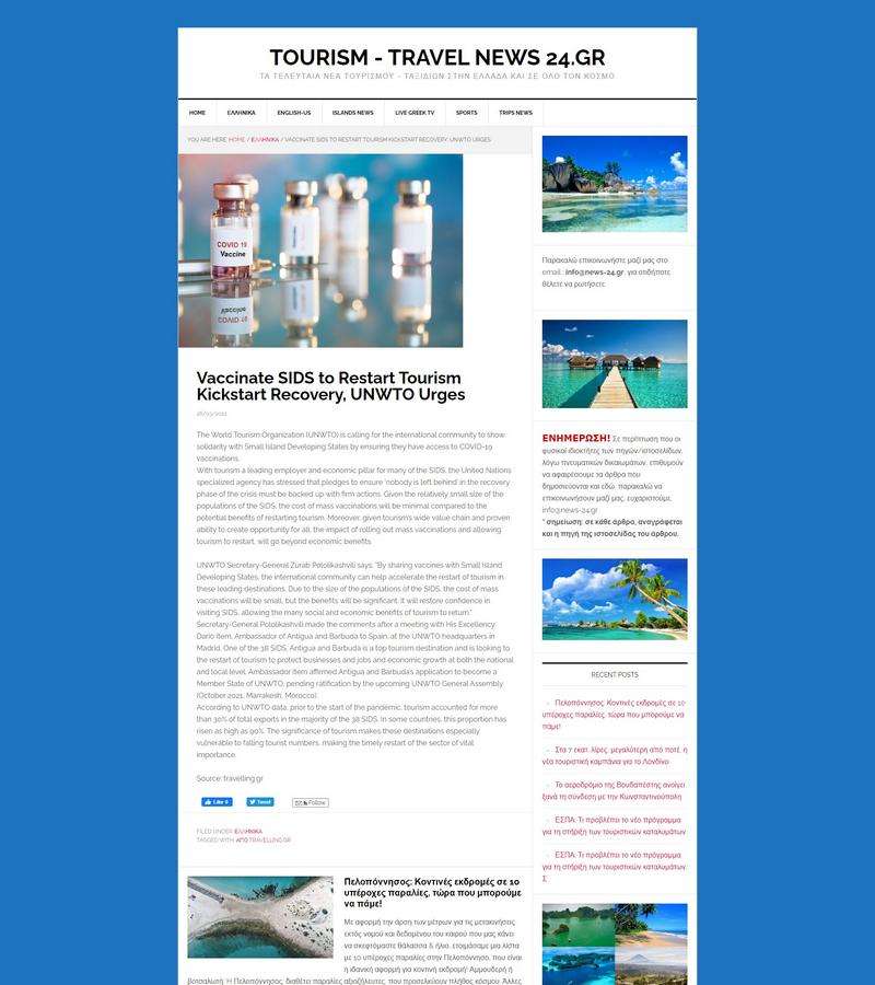 Vaccinate SIDS to Restart Tourism Kickstart Recovery, UNWTO Urges