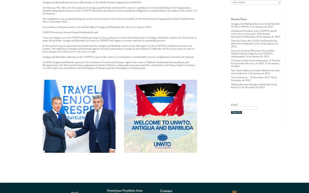 Antigua and Barbuda has become a full member of the World Tourism Organization (UNWTO)